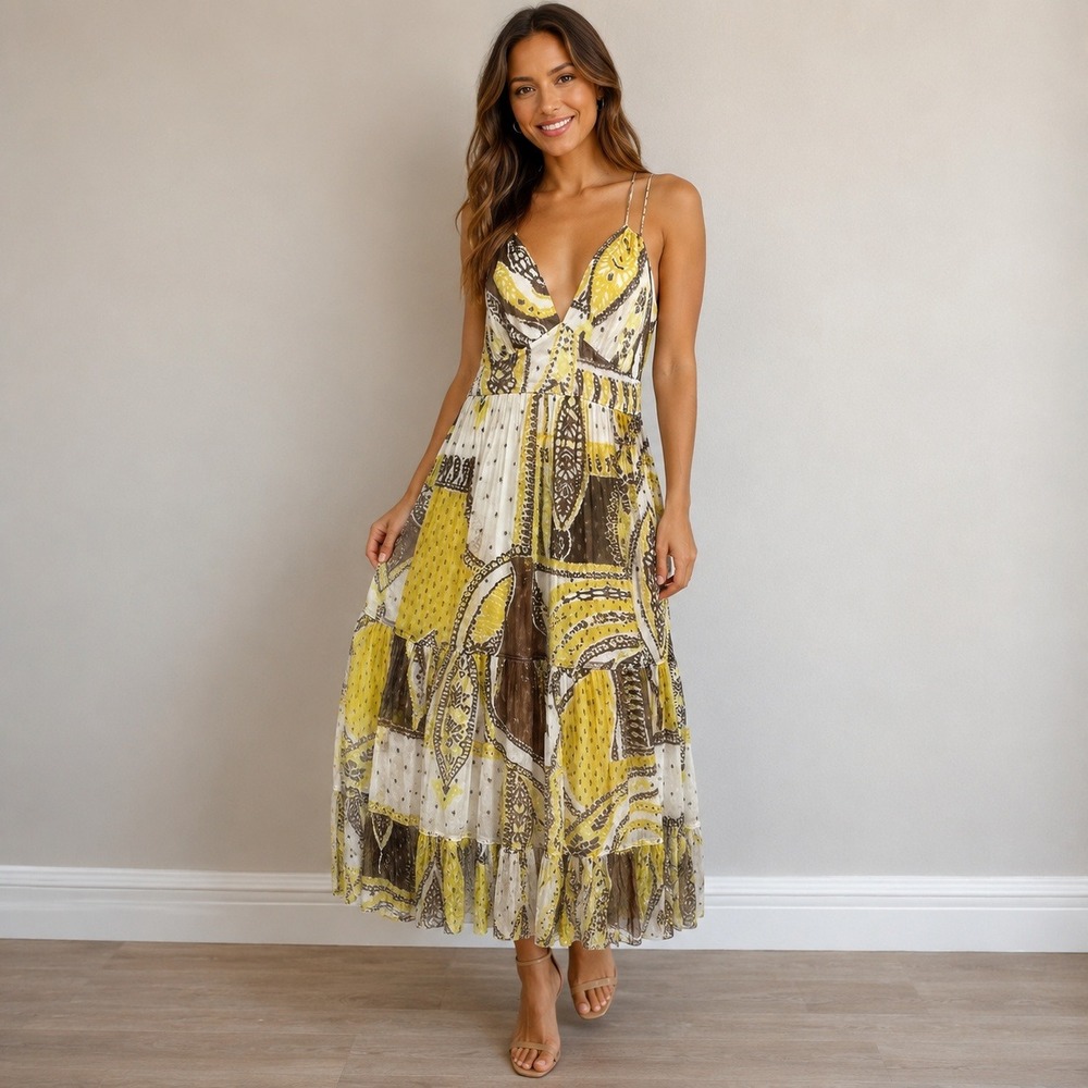Elie Tahari Maxi Silk Dress‎ Womens Babydoll 4 Yellow Brown Good Ikat Fairycore